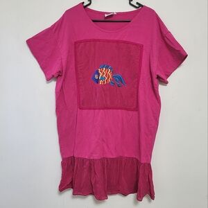 Vtg 90s Johnny Was Embroidered Fish Tshirt Tunic Mini Dress pink ruffle size L